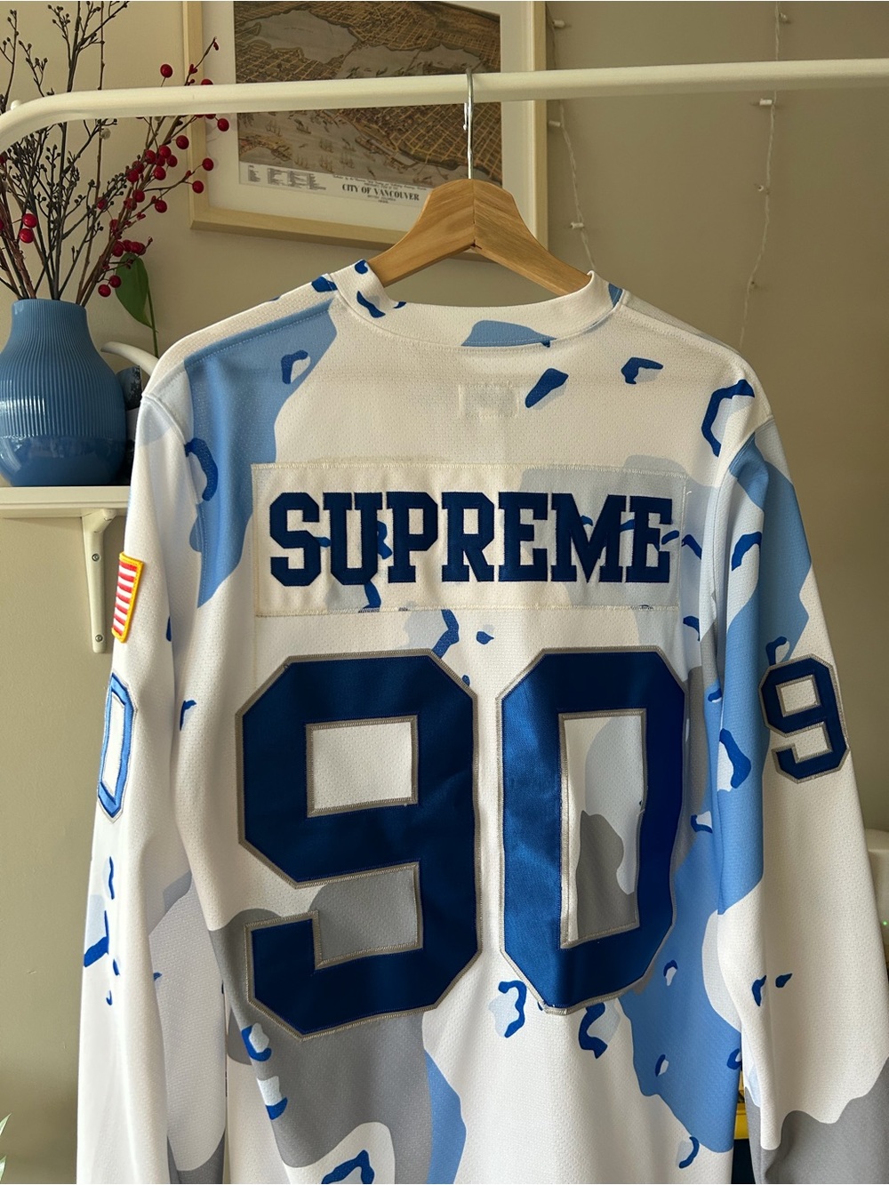 Supreme White & Light Blue Camo Hockey Jersey with Navy '90'